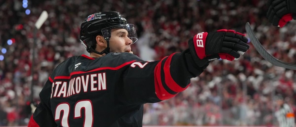 Carolina Hurricanes center Logan Stankoven (22) celebrates his goal against the Ottawa Senators during the first period in game two of the first round of the 2026 Stanley Cup Playoffs at Lenovo Center
