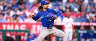 Toronto Blue Jays pitcher Dylan Cease (84) delivers during the first inning against the Los Angeles Angels at Angel Stadium