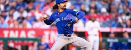 Toronto Blue Jays pitcher Dylan Cease (84) delivers during the first inning against the Los Angeles Angels at Angel Stadium