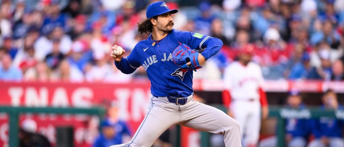 Toronto Blue Jays pitcher Dylan Cease (84) delivers during the first inning against the Los Angeles Angels at Angel Stadium
