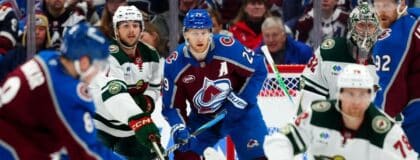 Colorado Avalanche center Nathan MacKinnon (29) awaits the puck during the third period against the Minnesota Wild in game two of the second round of the 2026 Stanley Cup Playoffs at Ball Arena