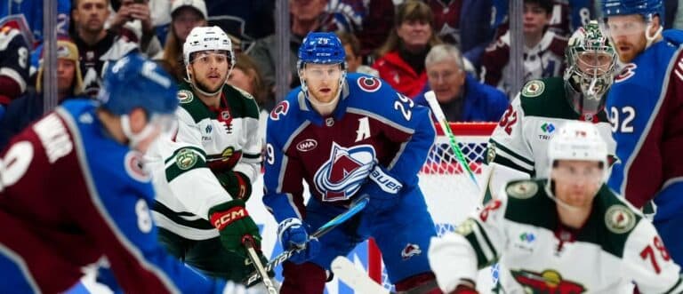 Colorado Avalanche center Nathan MacKinnon (29) awaits the puck during the third period against the Minnesota Wild in game two of the second round of the 2026 Stanley Cup Playoffs at Ball Arena
