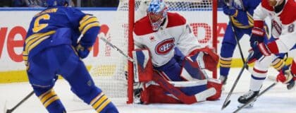 Buffalo Sabres left wing Zach Benson (6) looks to take a shot on Montréal Canadiens goaltender Jakub Dobes (75) during the second period in game one of the second round of the 2026 Stanley Cup Playoffs at KeyBank Center