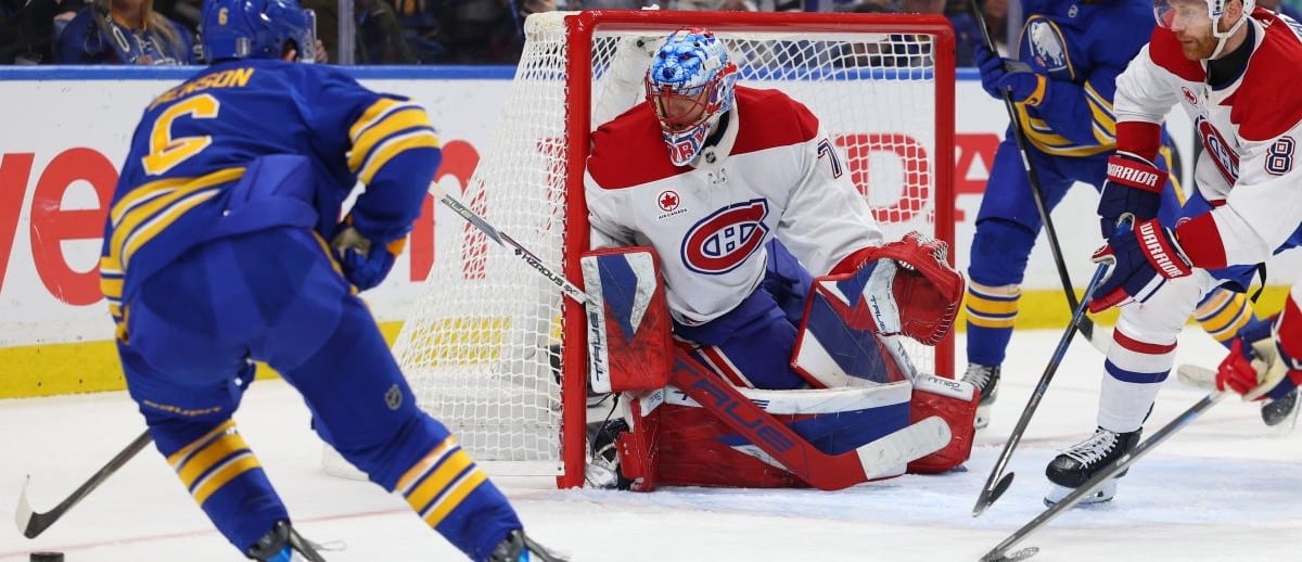 Buffalo Sabres left wing Zach Benson (6) looks to take a shot on Montréal Canadiens goaltender Jakub Dobes (75) during the second period in game one of the second round of the 2026 Stanley Cup Playoffs at KeyBank Center
