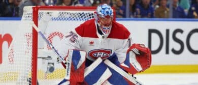 Montréal Canadiens goaltender Jakub Dobes (75) looks for the puck during the second period against the Buffalo Sabres in game one of the second round of the 2026 Stanley Cup Playoffs at KeyBank Center