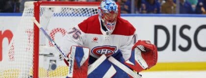 Montréal Canadiens goaltender Jakub Dobes (75) looks for the puck during the second period against the Buffalo Sabres in game one of the second round of the 2026 Stanley Cup Playoffs at KeyBank Center