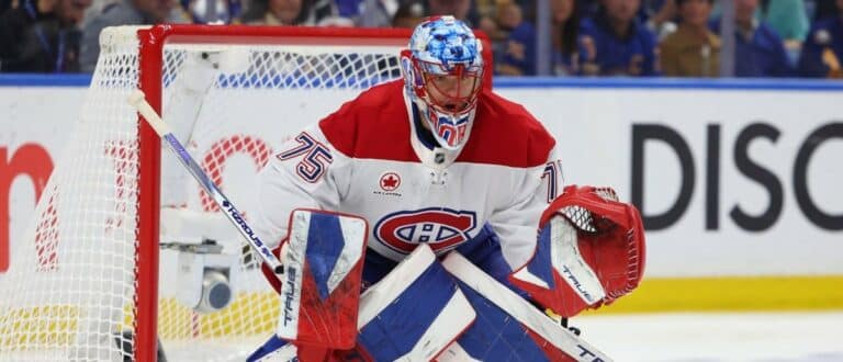 Montréal Canadiens goaltender Jakub Dobes (75) looks for the puck during the second period against the Buffalo Sabres in game one of the second round of the 2026 Stanley Cup Playoffs at KeyBank Center