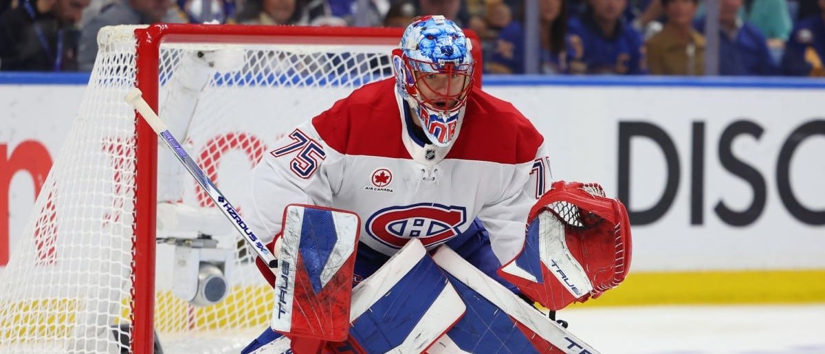 Montréal Canadiens goaltender Jakub Dobes (75) looks for the puck during the second period against the Buffalo Sabres in game one of the second round of the 2026 Stanley Cup Playoffs at KeyBank Center