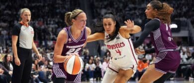Toronto Tempo guard Brittney Sykes (20) dribbles against Washington Mystics guard Alex Wilson (4) during the first quarter at Coca-Cola Coliseum.