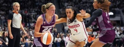 Toronto Tempo guard Brittney Sykes (20) dribbles against Washington Mystics guard Alex Wilson (4) during the first quarter at Coca-Cola Coliseum.