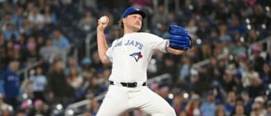 Toronto Blue Jays starting pitcher Trey Yesavage (39) pitches in the first inning against the Los Angeles Angels at Rogers Centre