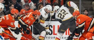 Anaheim Ducks and Vegas Golden Knights battle for the puck during the first period in game four of the second round of the 2026 Stanley Cup Playoffs at Honda Center