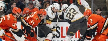 Anaheim Ducks and Vegas Golden Knights battle for the puck during the first period in game four of the second round of the 2026 Stanley Cup Playoffs at Honda Center