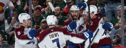 Colorado Avalanche center Ross Colton (20) celebrates his goal against the Minnesota Wild during the third period in game four of the second round of the 2026 Stanley Cup Playoffs at Grand Casino Arena.