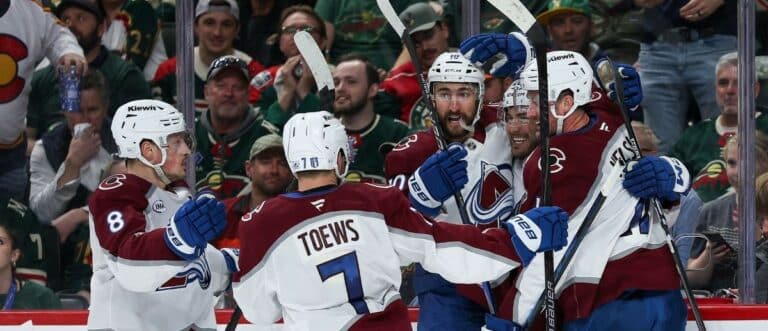 Colorado Avalanche center Ross Colton (20) celebrates his goal against the Minnesota Wild during the third period in game four of the second round of the 2026 Stanley Cup Playoffs at Grand Casino Arena.