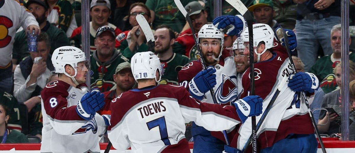 Colorado Avalanche center Ross Colton (20) celebrates his goal against the Minnesota Wild during the third period in game four of the second round of the 2026 Stanley Cup Playoffs at Grand Casino Arena.