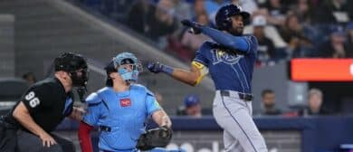 Tampa Bay Rays center fielder Cedric Mullins (31) hits a two run single against the Toronto Blue Jays during the third inning at Rogers Centre