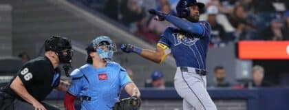 Tampa Bay Rays center fielder Cedric Mullins (31) hits a two run single against the Toronto Blue Jays during the third inning at Rogers Centre