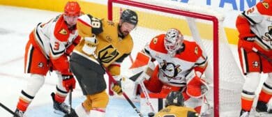 Anaheim Ducks goaltender Lukas Dostal (1) makes a save against Vegas Golden Knights left wing Brandon Saad (20) during the third period of game five of the second round of the 2026 Stanley Cup Playoffs at T-Mobile Arena