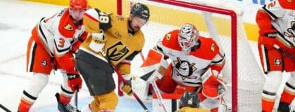 Anaheim Ducks goaltender Lukas Dostal (1) makes a save against Vegas Golden Knights left wing Brandon Saad (20) during the third period of game five of the second round of the 2026 Stanley Cup Playoffs at T-Mobile Arena