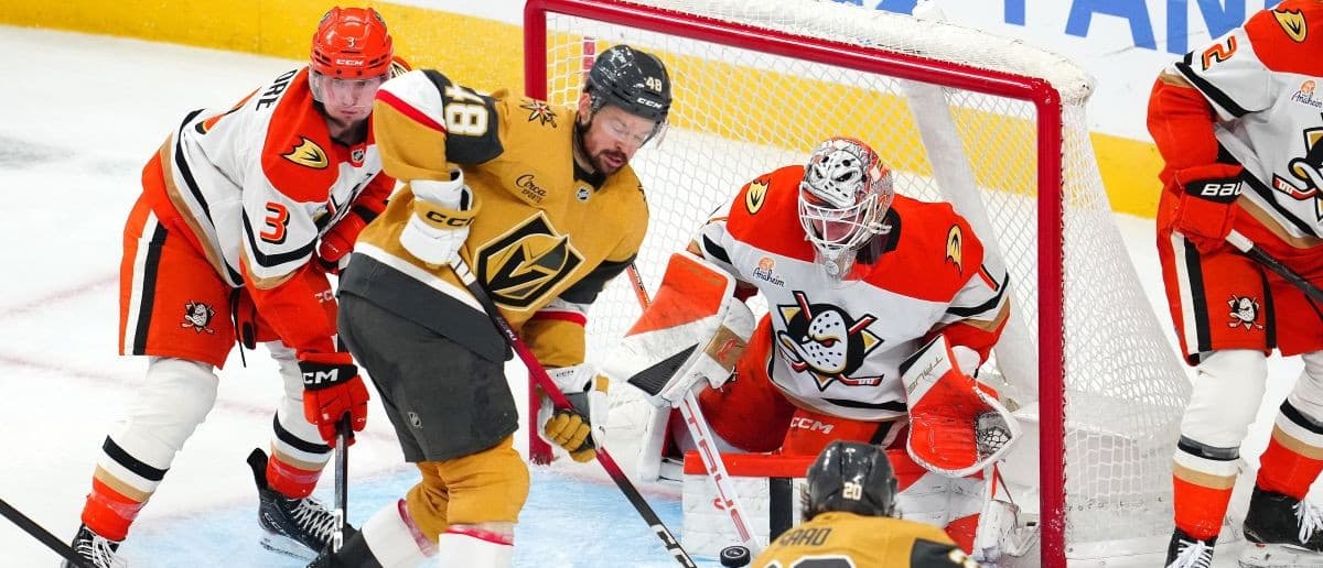 Anaheim Ducks goaltender Lukas Dostal (1) makes a save against Vegas Golden Knights left wing Brandon Saad (20) during the third period of game five of the second round of the 2026 Stanley Cup Playoffs at T-Mobile Arena