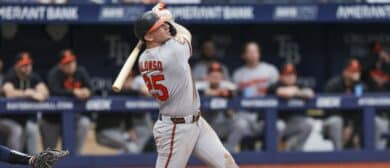 Baltimore Orioles first baseman Pete Alonso (25) hits a home run against the Tampa Bay Rays in the sixth inning at Tropicana Field.