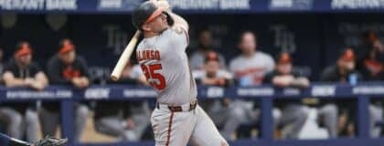 Baltimore Orioles first baseman Pete Alonso (25) hits a home run against the Tampa Bay Rays in the sixth inning at Tropicana Field.