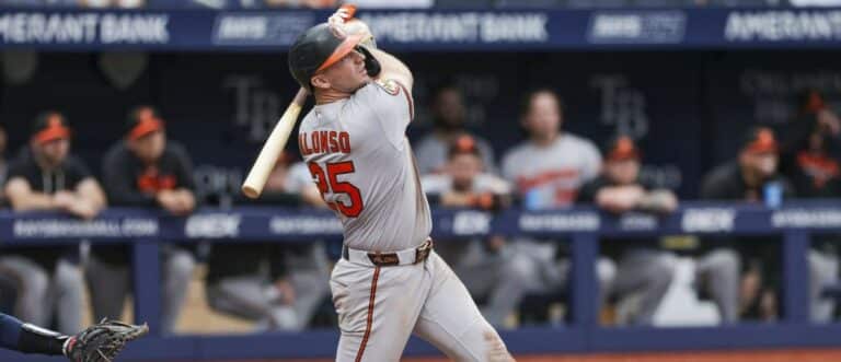 Baltimore Orioles first baseman Pete Alonso (25) hits a home run against the Tampa Bay Rays in the sixth inning at Tropicana Field.