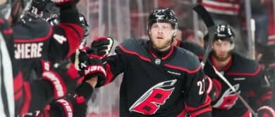 Carolina Hurricanes left wing Nikolaj Ehlers (27) celebrates after scoring a goal during the second period against the Montréal Canadiens in game two of the Eastern Conferene Final of the 2026 Stanley Cup Playoffs at Lenovo Center