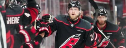 Carolina Hurricanes left wing Nikolaj Ehlers (27) celebrates after scoring a goal during the second period against the Montréal Canadiens in game two of the Eastern Conferene Final of the 2026 Stanley Cup Playoffs at Lenovo Center