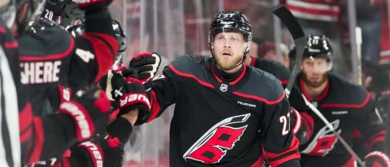 Carolina Hurricanes left wing Nikolaj Ehlers (27) celebrates after scoring a goal during the second period against the Montréal Canadiens in game two of the Eastern Conferene Final of the 2026 Stanley Cup Playoffs at Lenovo Center