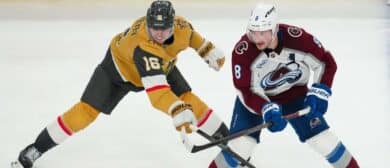 Vegas Golden Knights right wing Pavel Dorofeyev (16) stick checks Colorado Avalanche defenseman Cale Makar (8) during the third period in game three of the Western Conference Final of the 2026 Stanley Cup Playoffs at T-Mobile Arena
