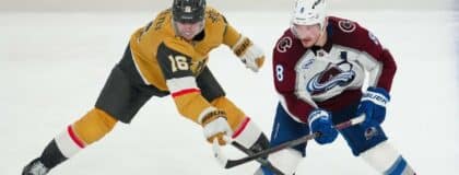 Vegas Golden Knights right wing Pavel Dorofeyev (16) stick checks Colorado Avalanche defenseman Cale Makar (8) during the third period in game three of the Western Conference Final of the 2026 Stanley Cup Playoffs at T-Mobile Arena