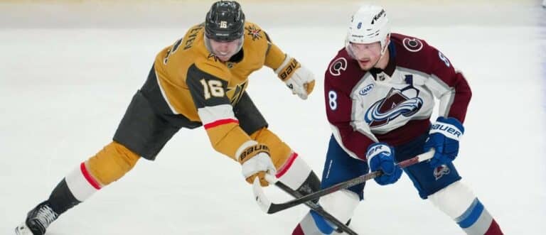 Vegas Golden Knights right wing Pavel Dorofeyev (16) stick checks Colorado Avalanche defenseman Cale Makar (8) during the third period in game three of the Western Conference Final of the 2026 Stanley Cup Playoffs at T-Mobile Arena