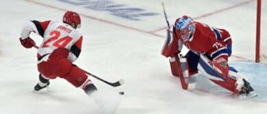 Carolina Hurricanes center Seth Jarvis (24) shoots on Montreal Canadiens goaltender Jakub Dobes (75) during the third period in game four of the Eastern Conference Final of the 2026 Stanley Cup Playoffs at Bell Centre