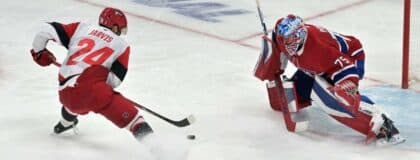 Carolina Hurricanes center Seth Jarvis (24) shoots on Montreal Canadiens goaltender Jakub Dobes (75) during the third period in game four of the Eastern Conference Final of the 2026 Stanley Cup Playoffs at Bell Centre