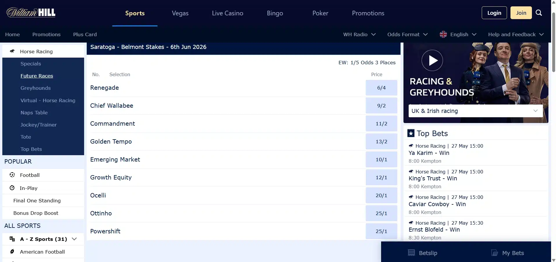 A desktop view screenshot of William Hill's 2026 Belmont Stakes betting odds page.