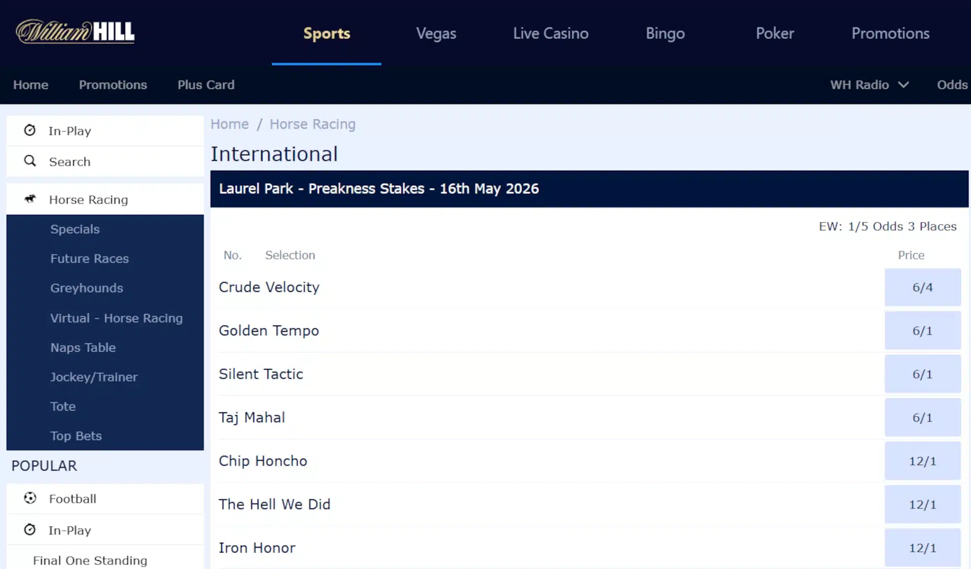 A desktop screenshot of William Hill's Preakness Stakes 2026 odds.