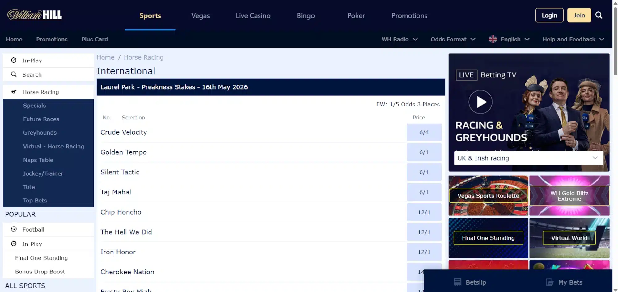 A desktop screenshot of William Hill's Preakness Stakes betting odds.