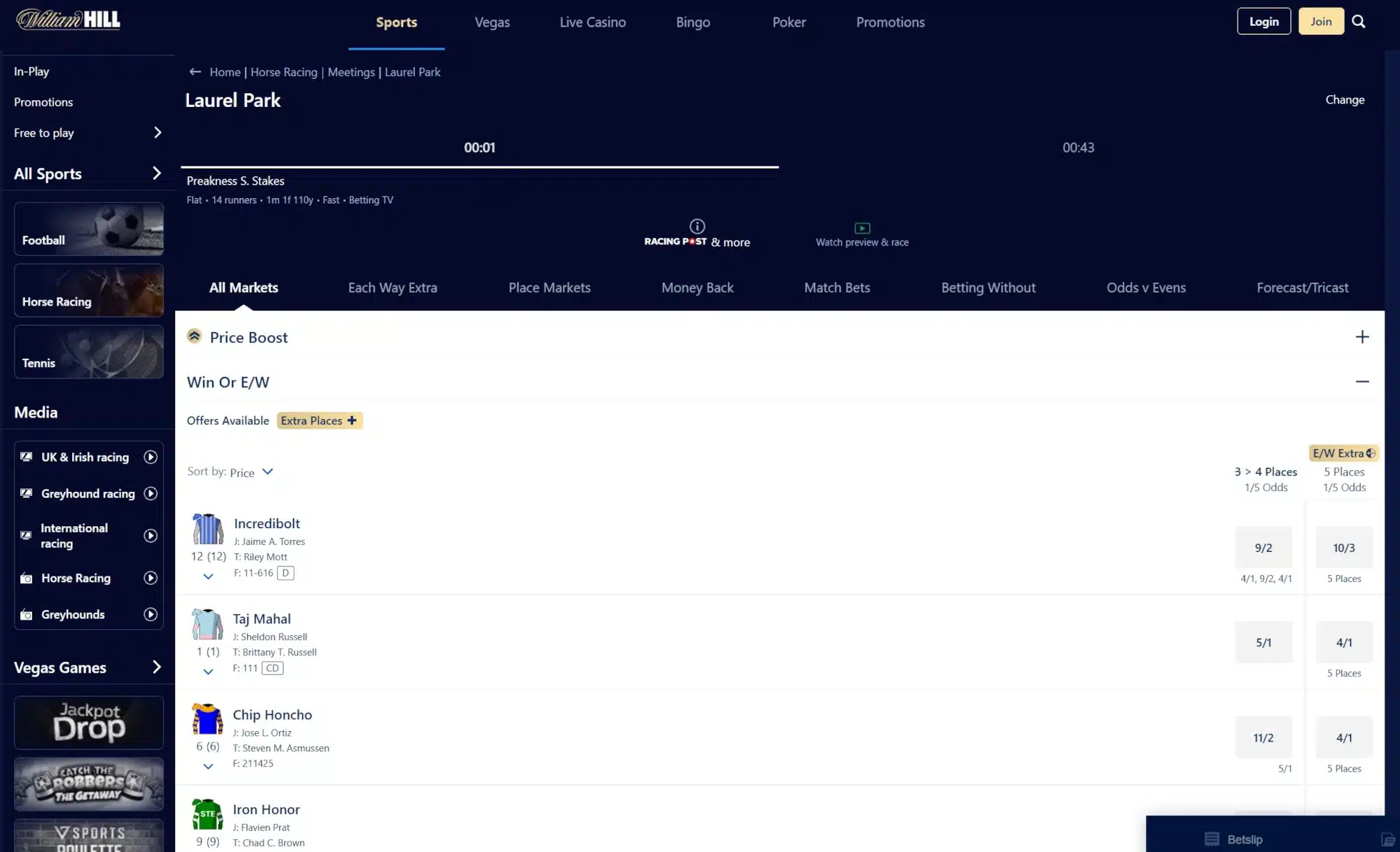 A screenshot from William Hill sportsbooks displaying its 2026 Preakness Stakes odds