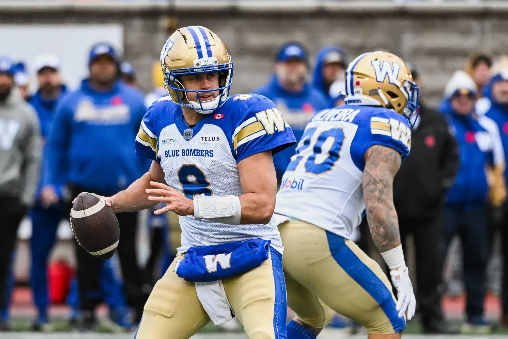 Nov 1, 2025; Montreal, Quebec, Canada; Winnipeg Blue Bombers quarterback Zach Collaros (8) looks to throw a pass against the Montreal Alouettes during the third quarter at Percival-Molson stadium.