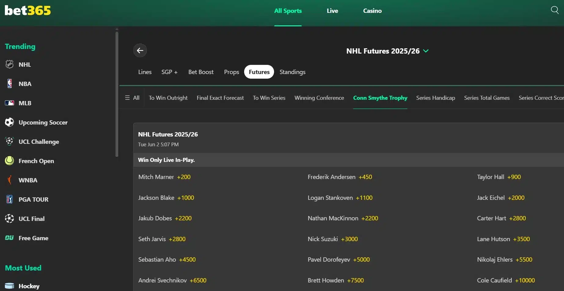 A screenshot of bet365's Conn Smythe Odds