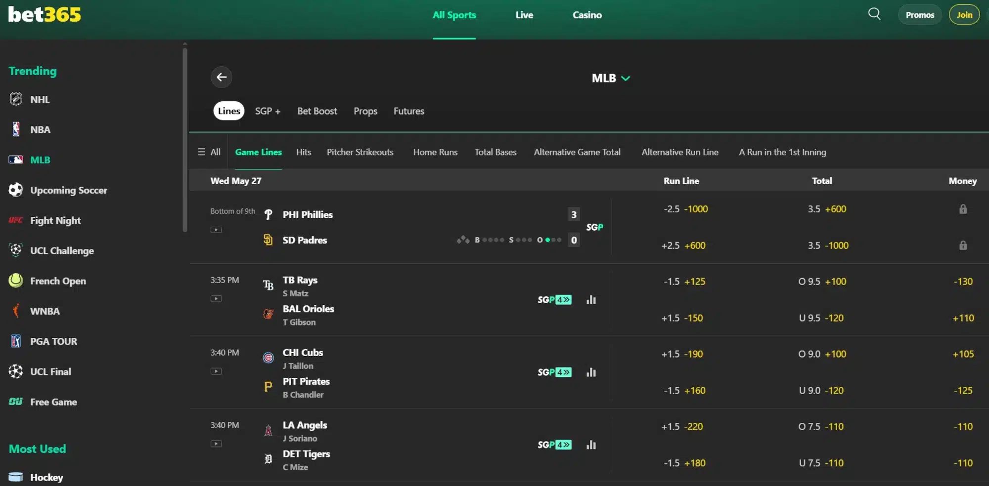 A screenshot of bet365's MLB odds