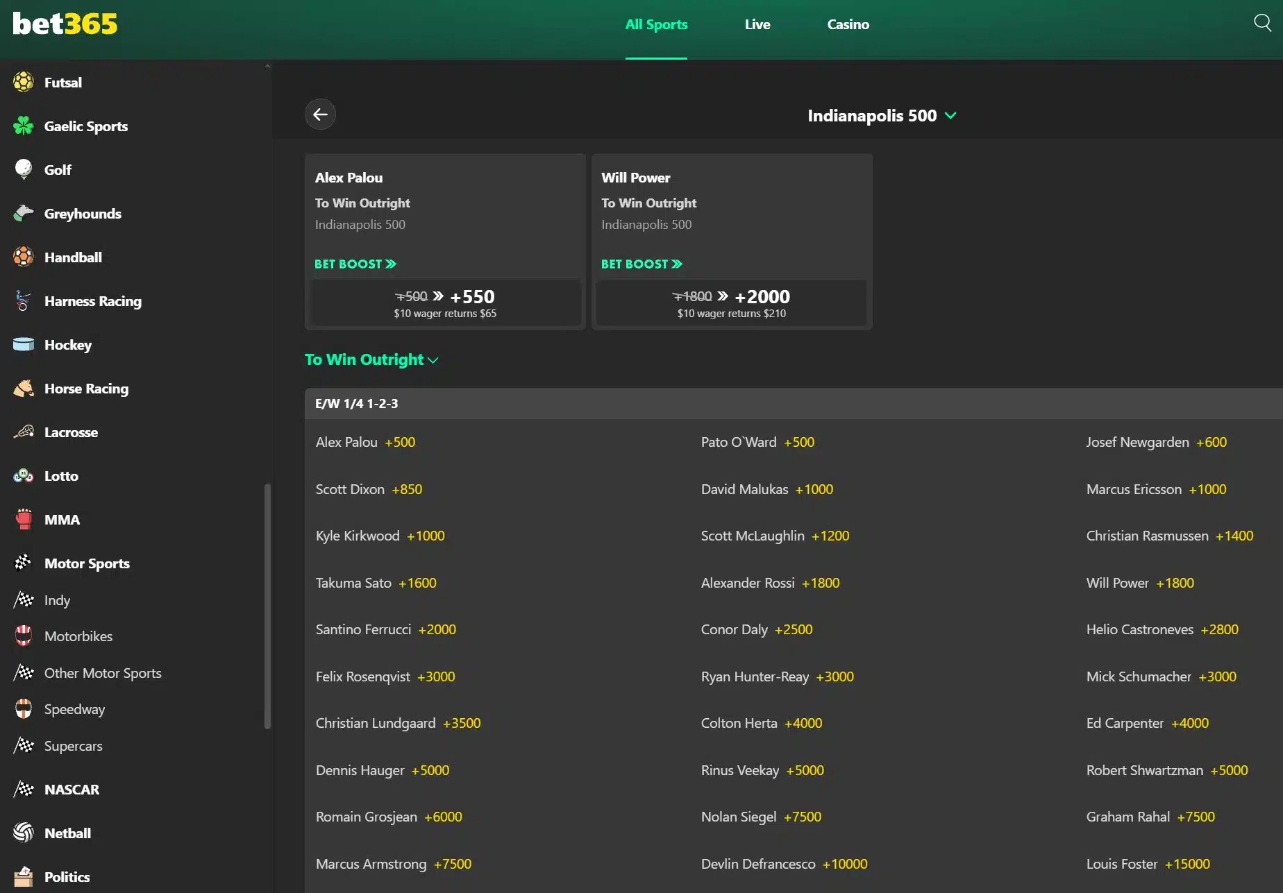 A screenshot of bet365's Indianapolis 500 odds