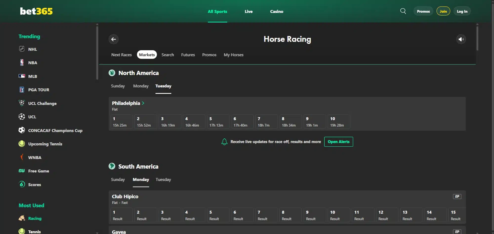 A desktop view screenshot of bet365's horse racing betting page.