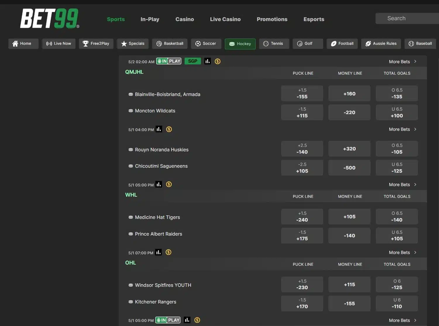 A screenshot of BET99's CHL odds for the QMJHL, WHL, and OHL