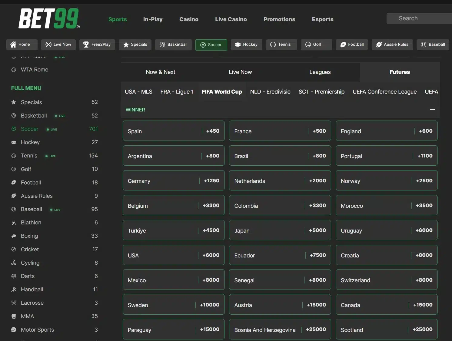 A screenshot of BET99's FIFA World Cup betting site