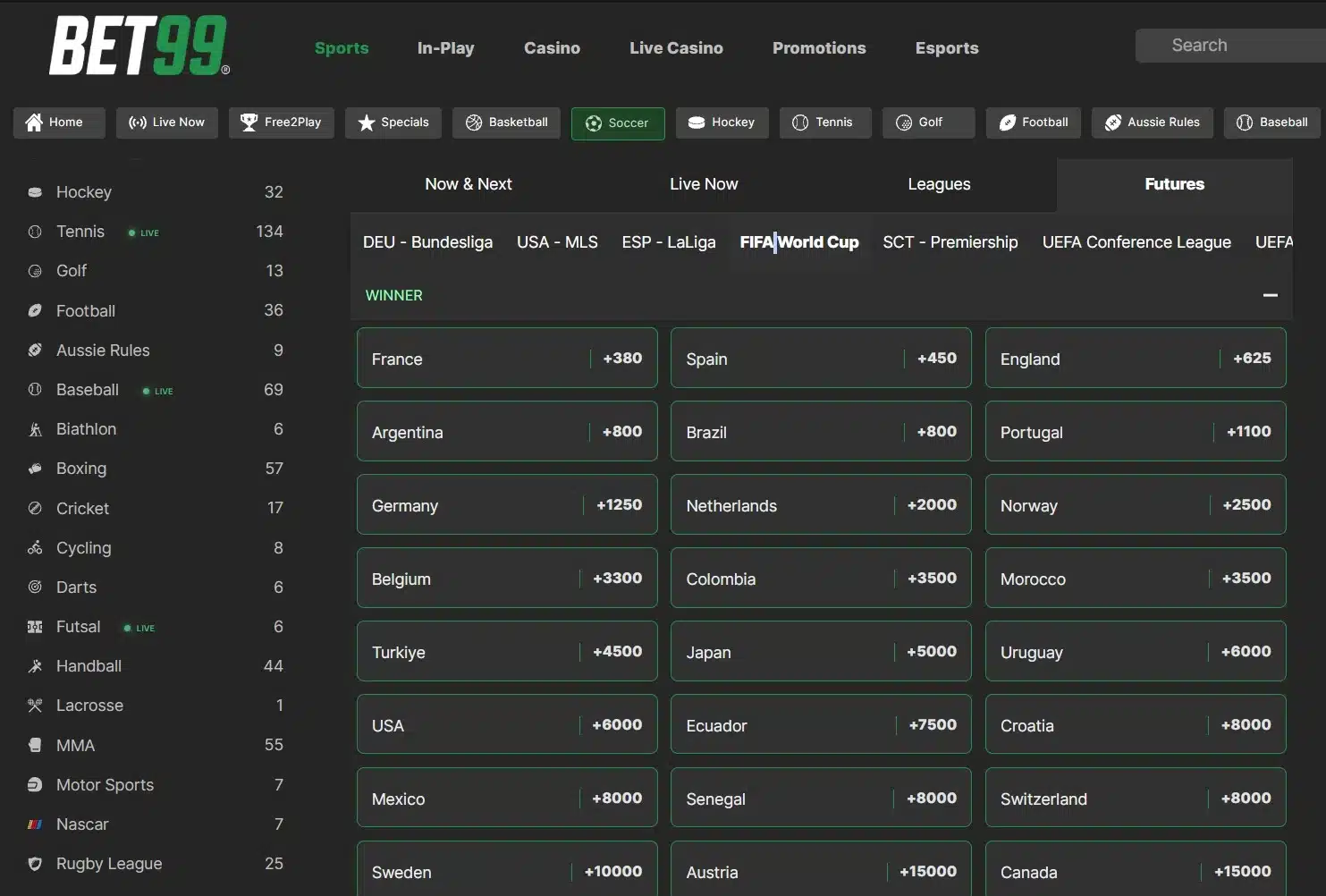 A screenshot of BET99's FIFA World Cup Odds