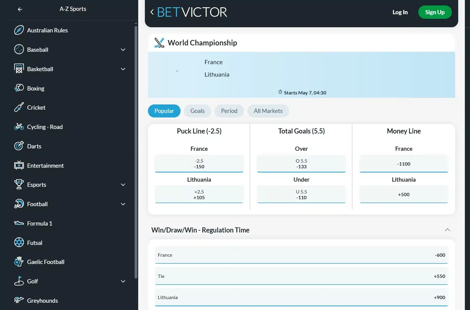 A screenshot of BetVictor's international hockey odds