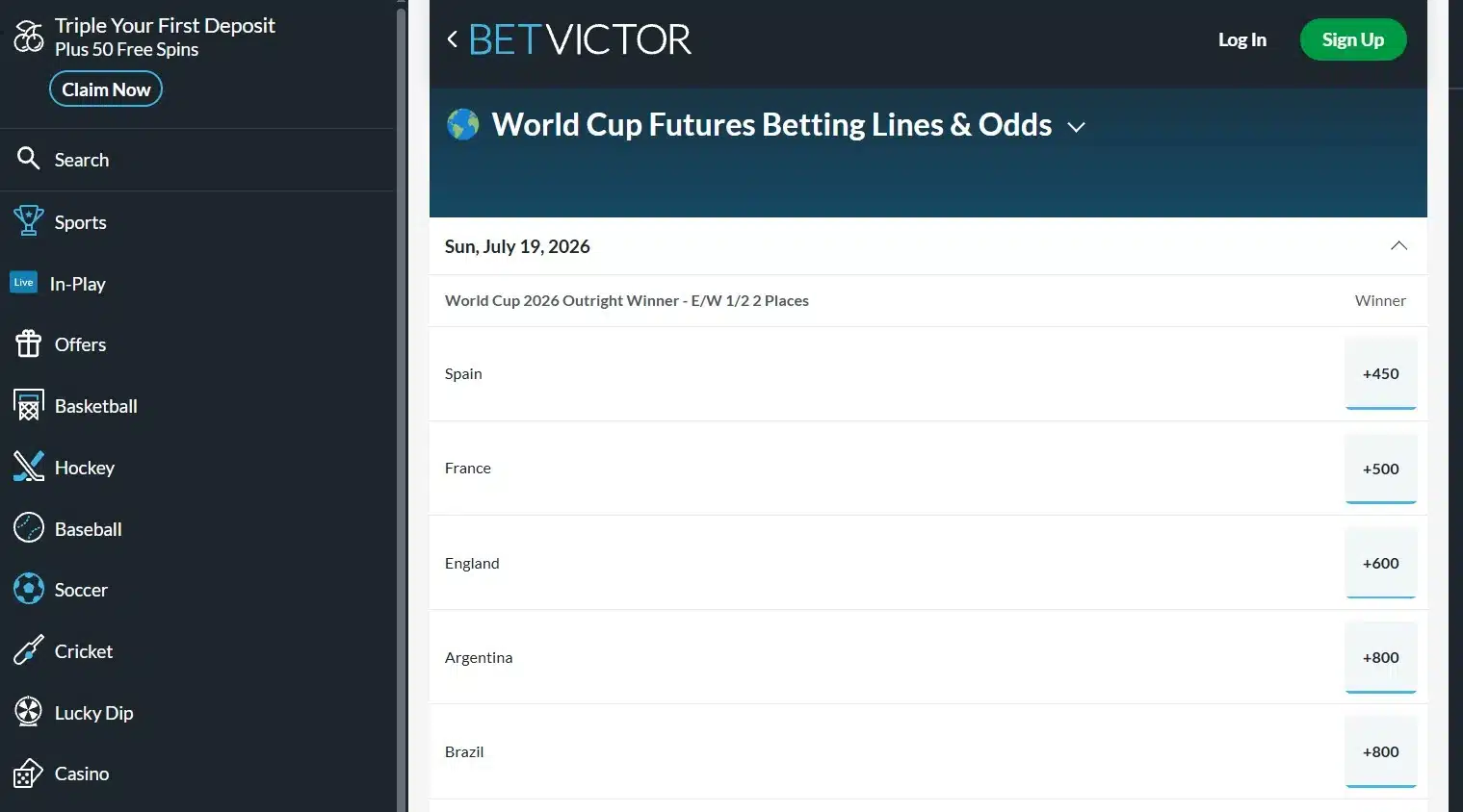 A screenshot of BetVictor's 2026 World Cup odds